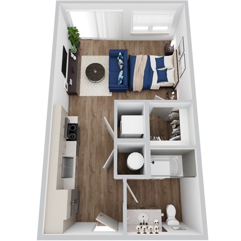 A 3D rendering of S1 floor plan at Era apartments in Denton, TX